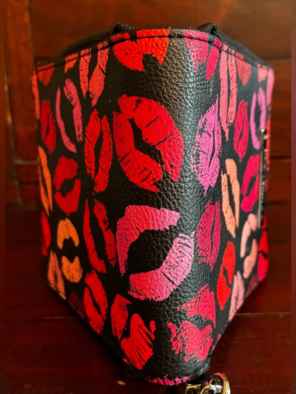 Betsey Johnson Black Wallet with Pink & Red Lip Print